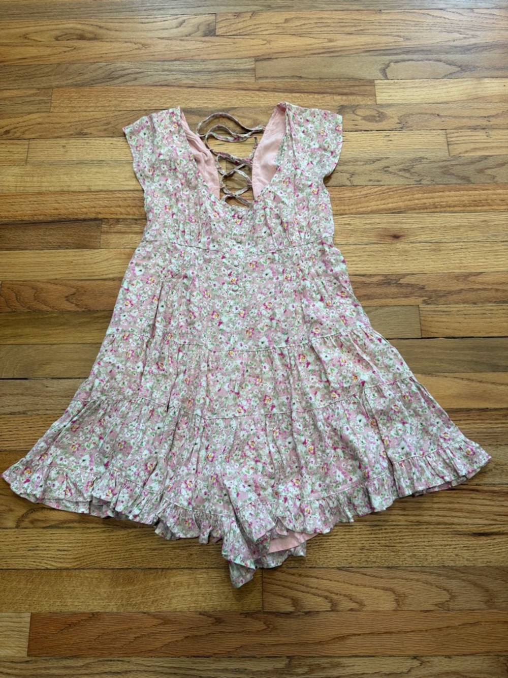 Hersy Pink Floral Ruffle Romper with Lace-Up Back Size Small